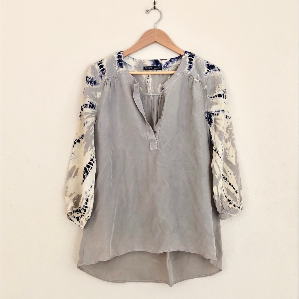 GYPSY05 Tie Dye Blouson Sleeve Split Neck Cupro Top